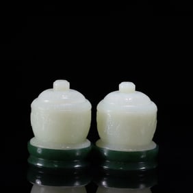 A Pair of Chinese Carved Jade Cups with Lids