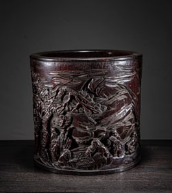 A Chinese Carved Hardwood Brush Pot