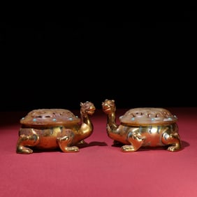 A Pair of Chinese Gilt Bronze Turtle Incense Burners with Carved Jade Lids
