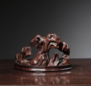 A Chinese Carved Hardwood Brush Rest with Stand