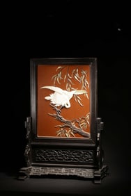 A Chinese Carved Hardwood Table Screen with Carved Stone Inlaid