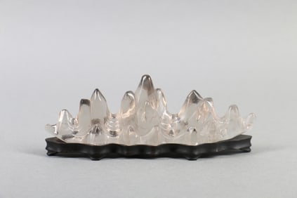 A Chinese Carved Crystal Brush Rest with Wooden Base