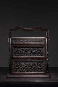 A Chinese Carved Hardwood Square Multi-Layer Box with Lid