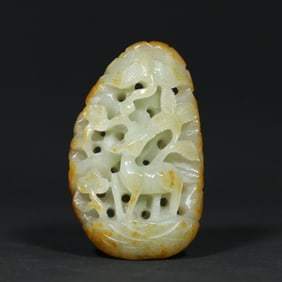 A Chinese Carved Jade Deer and Crane Pendant