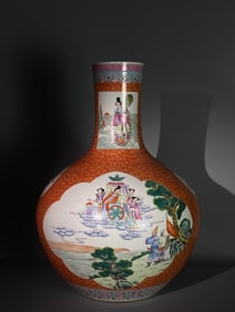 A Chinese Coral-Red Ground Famille-Rose Porcelain Vase