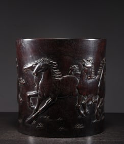 A Chinese Carved Hardwood Brush Pot