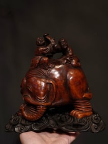 A Chinese Carved Bamboo Elephant and Boys Decoration