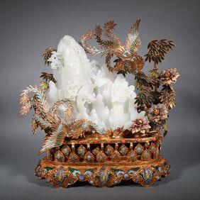 A Chinese Carved Jade Decoration with Gilt Bronze Cloisonné Inlaid and Stand