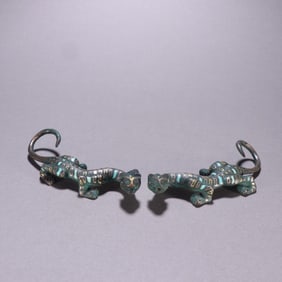 A Pair of Chinese Bronze and Gold-Silver-Inlaid Dragon Statuettes