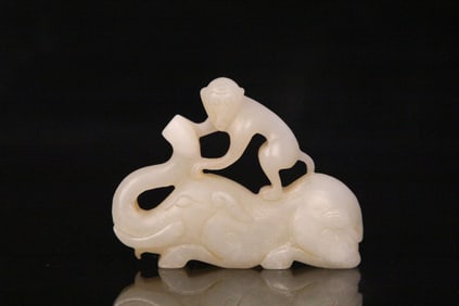A Chinese Carved Jade Monkey and Elephant Statuette