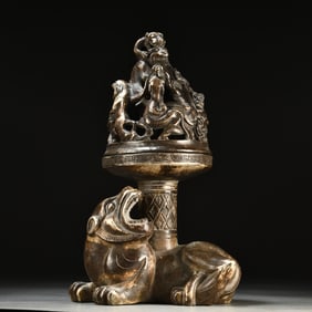 A Chinese Silvery and Bronze Foo-Dog Decoration