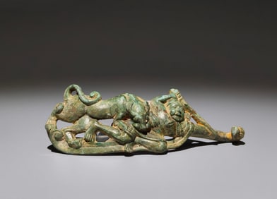 A Chinese Bronze Tiger and Man Belt Buckle