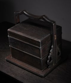 A Chinese Carved Hardwood Square Box with Lid and Handle
