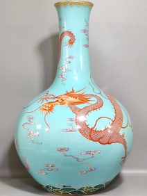A Chinese Turquoise-Green Ground Famille-Rose Porcelain Vase