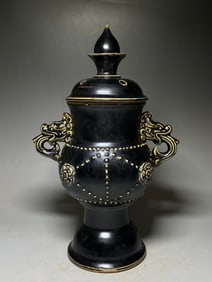 A Chinese Ding-Type Black Glazed Porcelain Vase with Lid