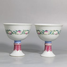 A Pair of Chinese Famille-Rose Porcelain Stem-Cups