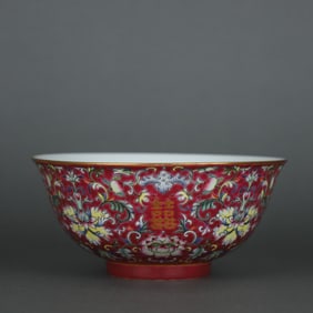 A Chinese Rouge-Red Ground Famille-Rose Porcelain Bowl