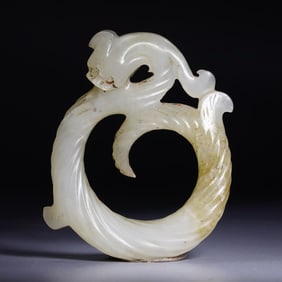 A Chinese Carved Jade Dragon Ring Pendant