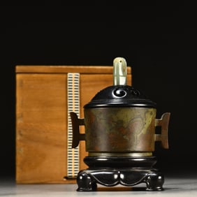 A Chinese Bronze Incense Burner with Carved Hardwood Lid, Stand and Jade Handle