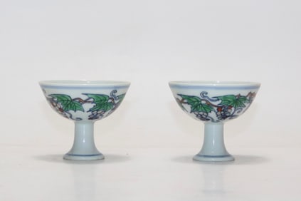 A Pair of Chinese Dou-Cai Glazed Porcelain Stem-Cups