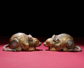 A Pair of Chinese Carved Jade Rat Stauettes