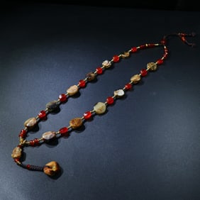 A Chinese Carved Jade and Agate Necklace