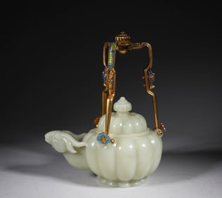 A Chinese Carved Jade Goat Head Tea Pot with Gilt Bronze Cloisonné Handle