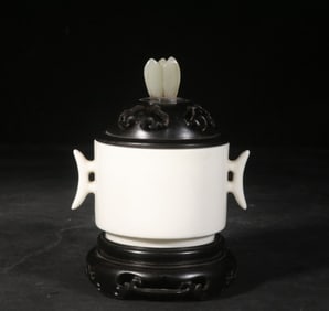 A Chinese White Glazed Incense Burner with Carved Hardwood Lid, Stand and Jade Handle