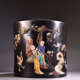 A Chinese Carved Hardwood Brush Pot