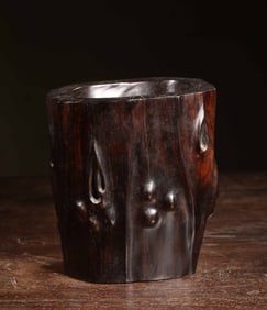 A Chinese Carved Hardwood Brush Pot