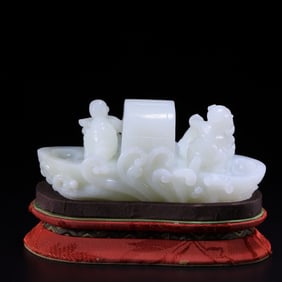 A Chinese Carved Jade Boat with Boy and Fisherman Decoration