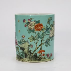 A Chinese Turquoise-Green Ground Famille-Rose Porcelain Brush Pot