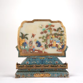 A Chinese Gilt Bronze Cloisonné Table Screen with Carved Hard-Stone Inlaid