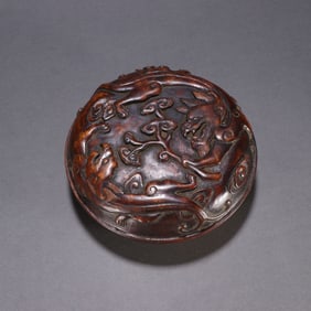 A Chinese Carved Hardwood Dragon Round Box with Lid