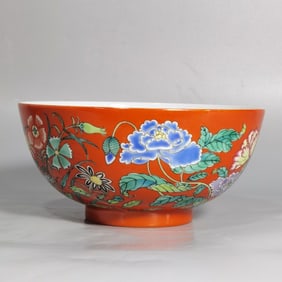 A Chinese Coral-Red Ground Famille-Rose Porcelain Bowl