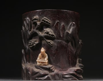 A Chinese Carved Hardwood Brush Pot