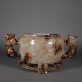 A Chinese Carved Jade Double-Monkey-Handle Incense Burner