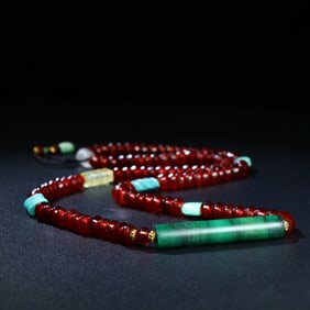 A Chinese Carved Turquoise and Agate Necklace