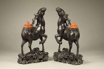 A Pair of Chinese Carved Hardwood Deer-Shape Incense Burners