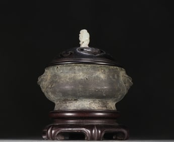 A Chinese Bronze Incense Burner with Carved Hardwood Lid and Stand