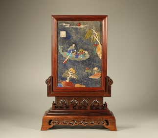 A Chinese Carved Hardwood Table Screen with Hard-Stone Inlaid