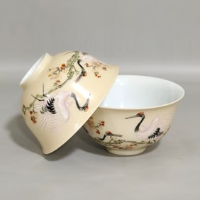 A Pair of Chinese Pink Ground Famille-Rose Porcelain Cups