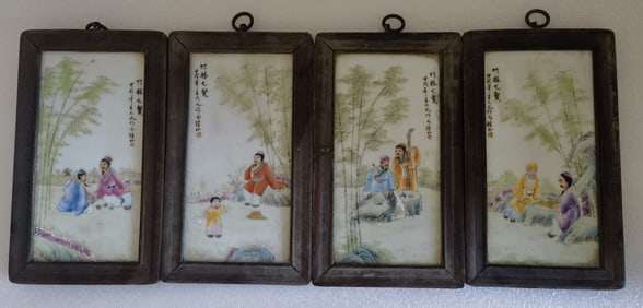 A Set of Four Chinese Famille-Rose Porcelain Wall Screens with Carved Hardwood Frame