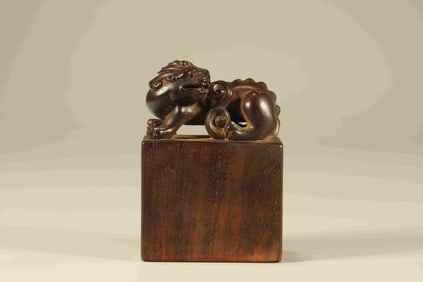 A Chinese Carved Hardwood Dragon Handle Seal