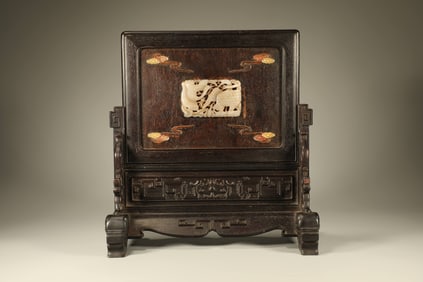 A Chinese Carved Hardwood Table Screen with Jade Inlaid