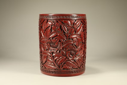 A Chinese Carved Tixi Lacquer Brush Pot