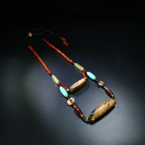 A Chinese Carved Jade, Agate and Turquoise Necklace