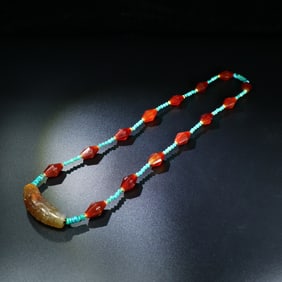 A Chinese Carved Jade, Agate and Turquoise Necklace