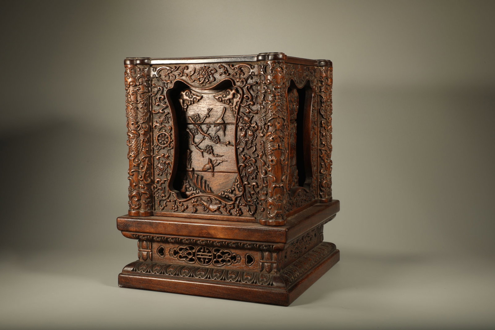 A Chinese Carved Hardwood Multi-Layer Box with Stand: Ht. 34cm, Bottom Diam. 27cm, Lg. 27cm