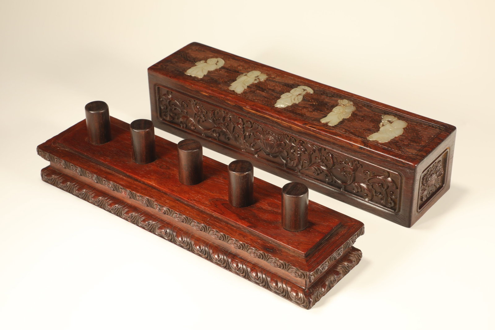 A Chinese Carved Hardwood Ring Case with Jade Inlaid: Lg. 29cm, Wd. 8cm, Ht. 10cm
